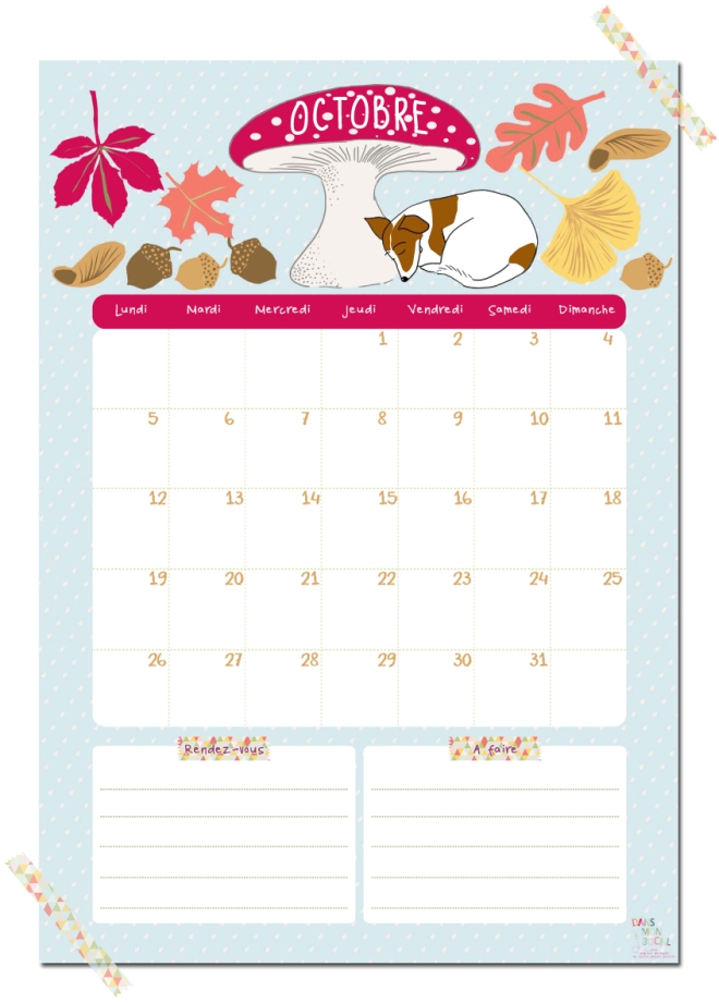 gratuit calendrier octobre free printable calendar illustration