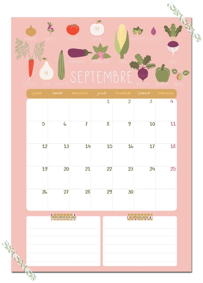 gratuit calendrier septembre free printable calendar illustration